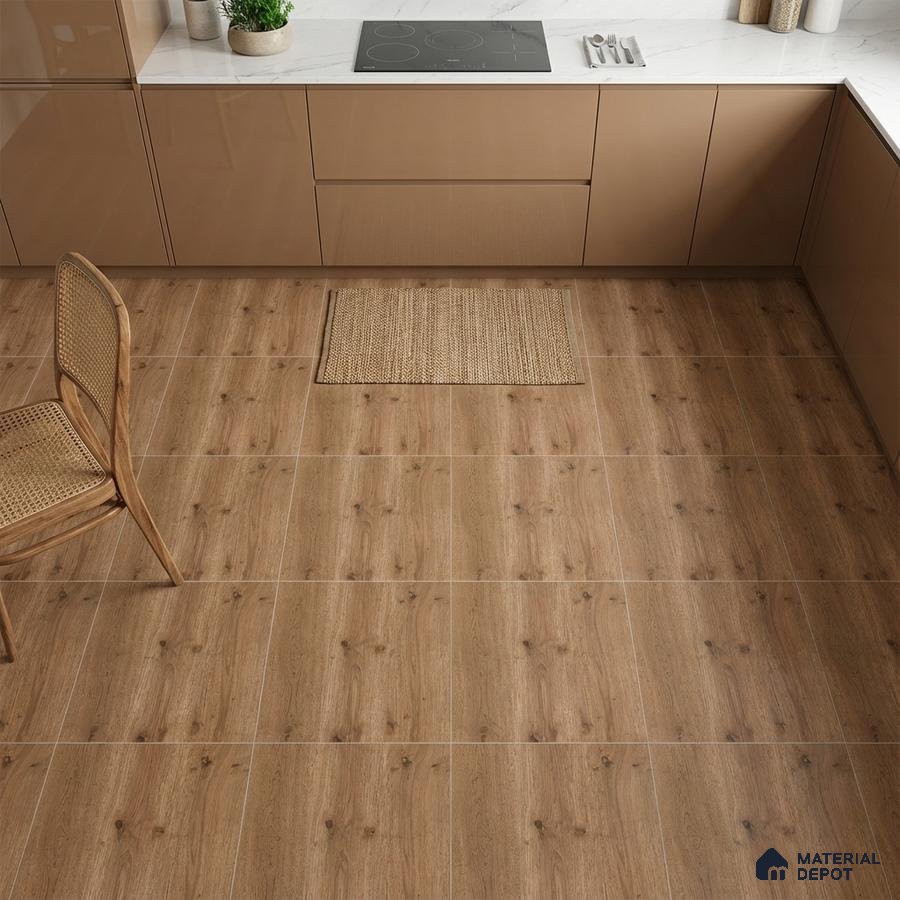 Modern kitchen with glossy beige laminate cabinets, white marble-look countertop, and oak wood-look floor tiles