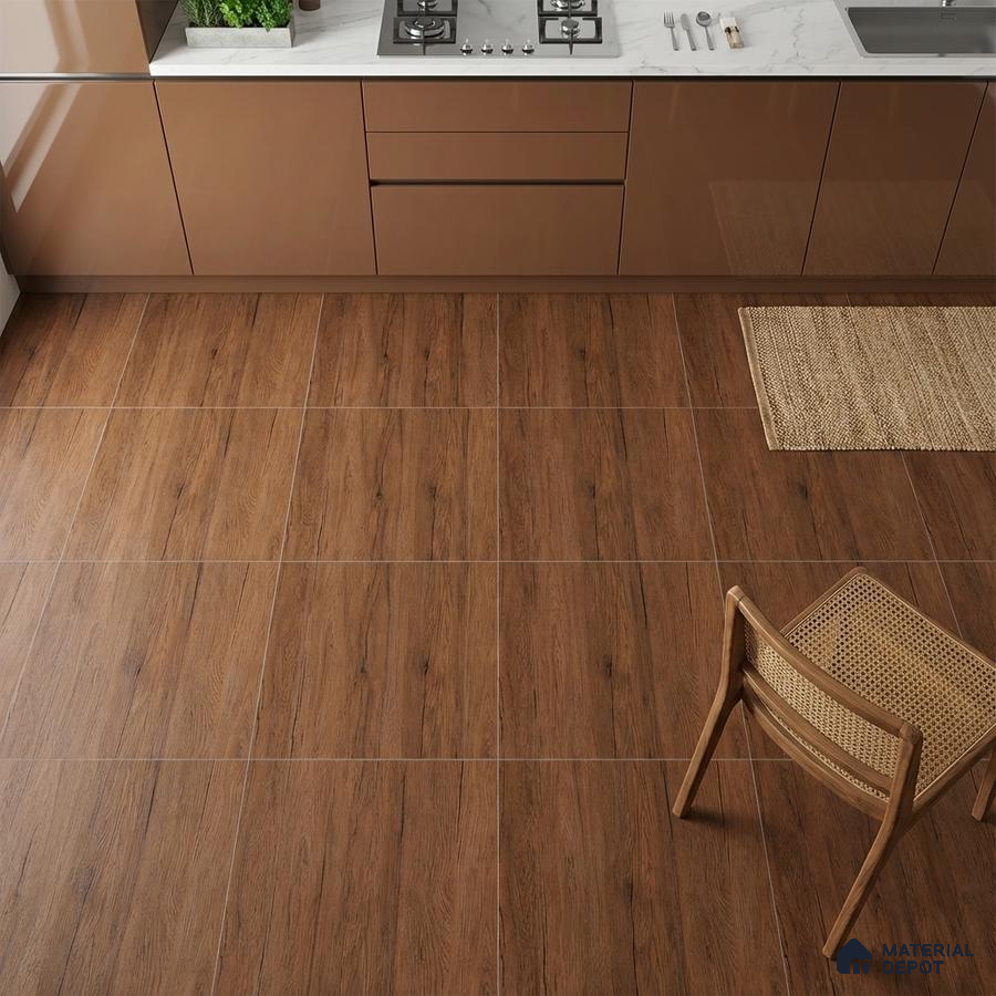 Modern kitchen with glossy brown laminate cabinets and walnut wood-look floor tiles