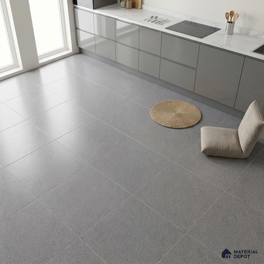 Minimalist kitchen with grey glossy laminate cabinets and large format matte grey floor tiles