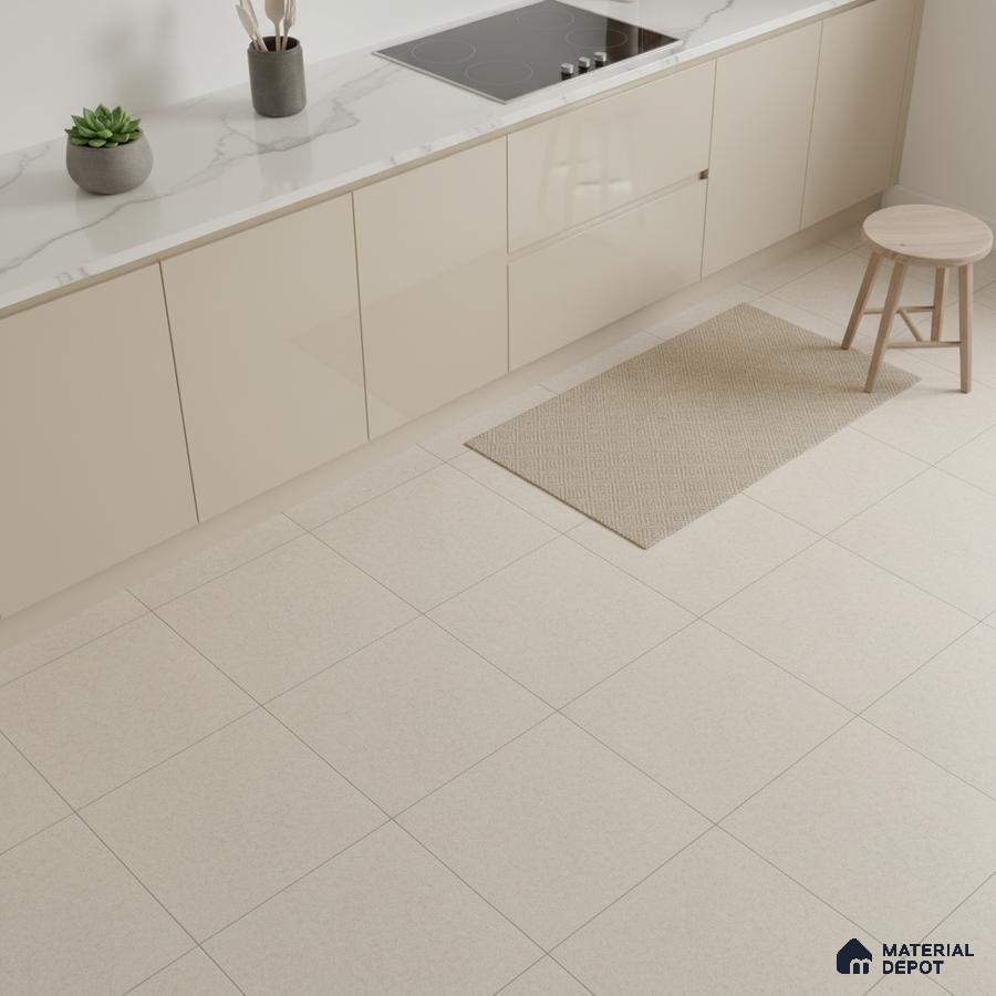 Minimalist kitchen with beige high gloss laminate cabinets, white marble-look quartz countertop, and light beige matte floor tiles