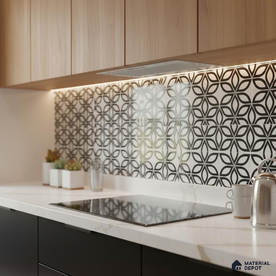 Modern kitchen with light oak laminate cabinets, white quartz countertop, and black-and-white geometric backsplash tiles