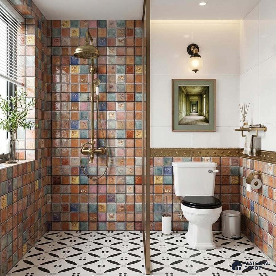 Eclectic kitchen with multicolor patterned backsplash tiles, black marble countertop, and wood grain laminate cabinets
