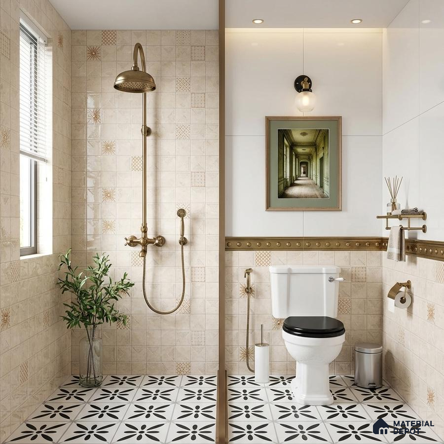 Modern bathroom with beige patterned wall tiles and black-and-white geometric floral floor tiles