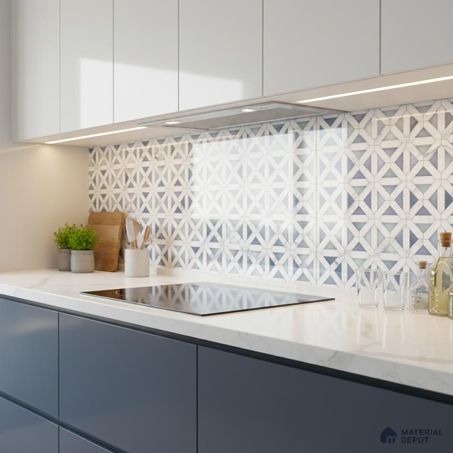 Modern kitchen with geometric patterned backsplash tile, white marble-look quartz countertop, and navy blue laminate cabinets