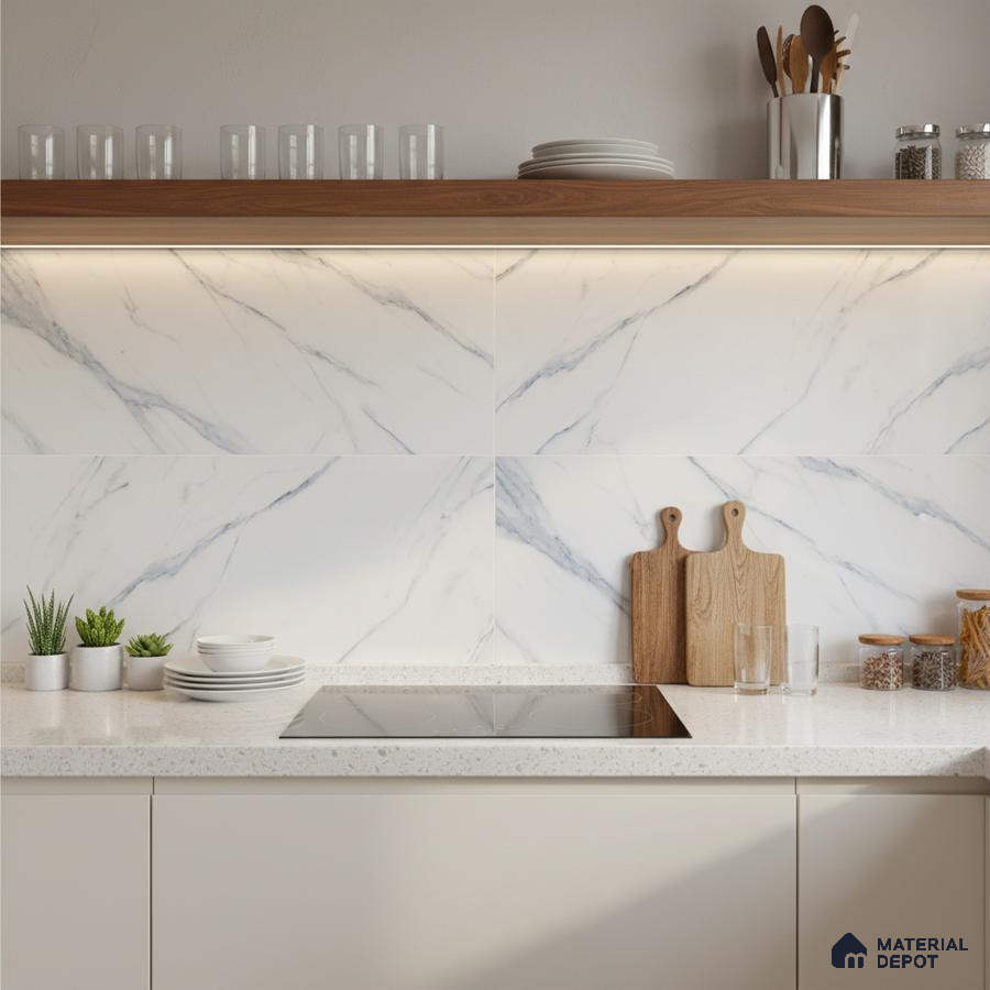 Modern kitchen with white marble-look backsplash tile, white quartz countertop, and walnut wood open shelf