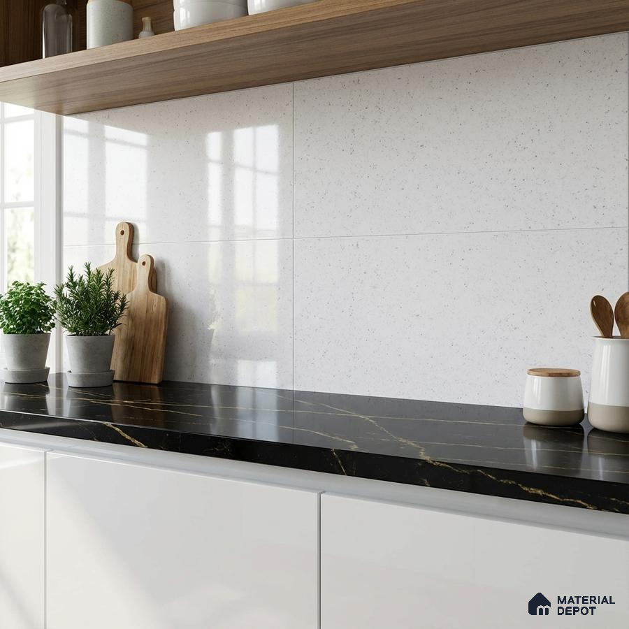 Modern kitchen with black marble countertop, white glossy cabinets, and white speckled wall tiles