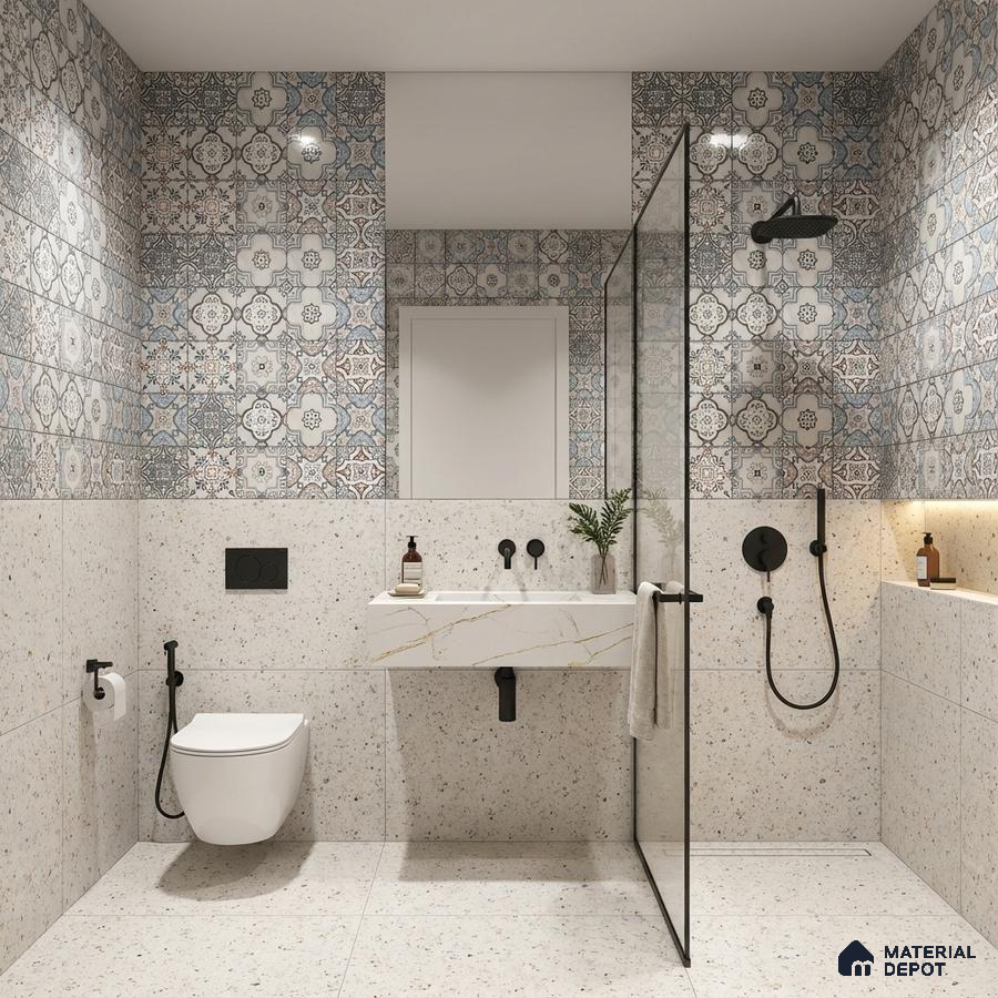 Modern bathroom with patterned moroccan wall tiles and terrazzo floor tiles