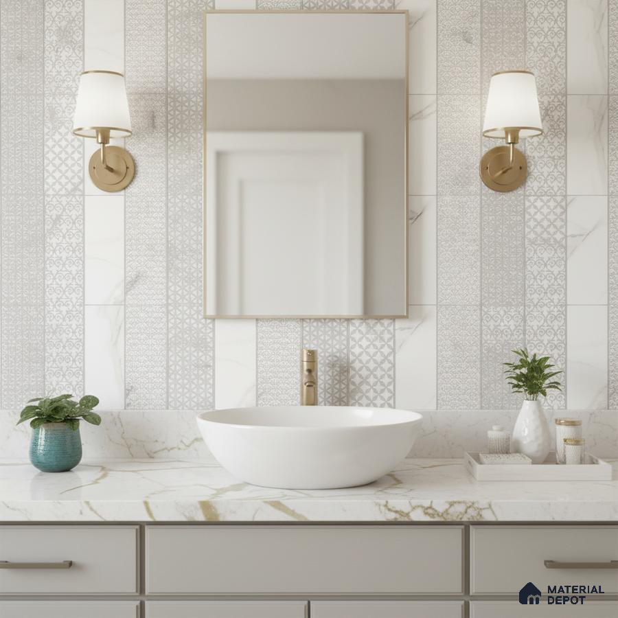 Modern bathroom with patterned white and grey wall tiles and marble-look countertop