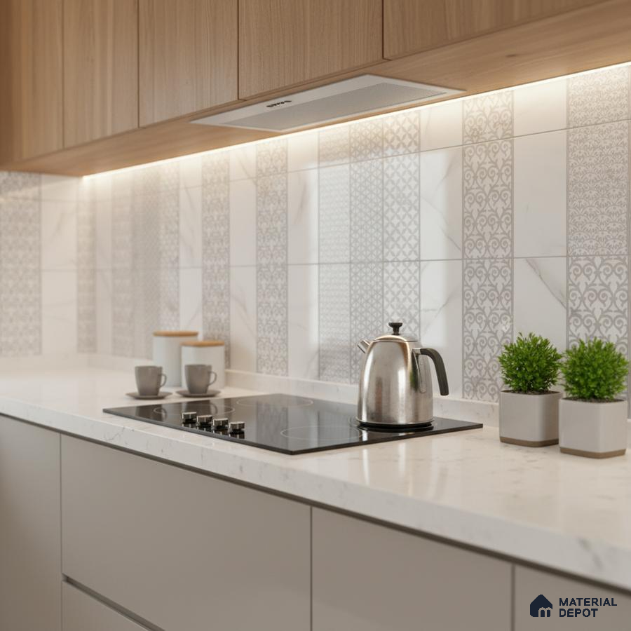 Modern kitchen with light oak laminate, white quartz countertop, and patterned marble-look backsplash tiles