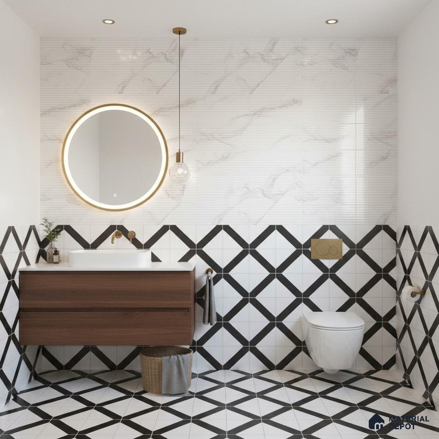 Modern bathroom with marble wall tiles, geometric black-and-white floor and wall tiles, and walnut wood vanity