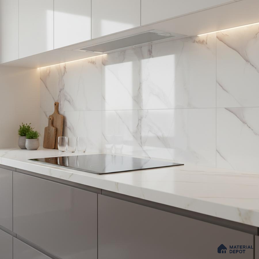 Minimalist kitchen with white marble-look backsplash tile and countertop, glossy grey laminate cabinets