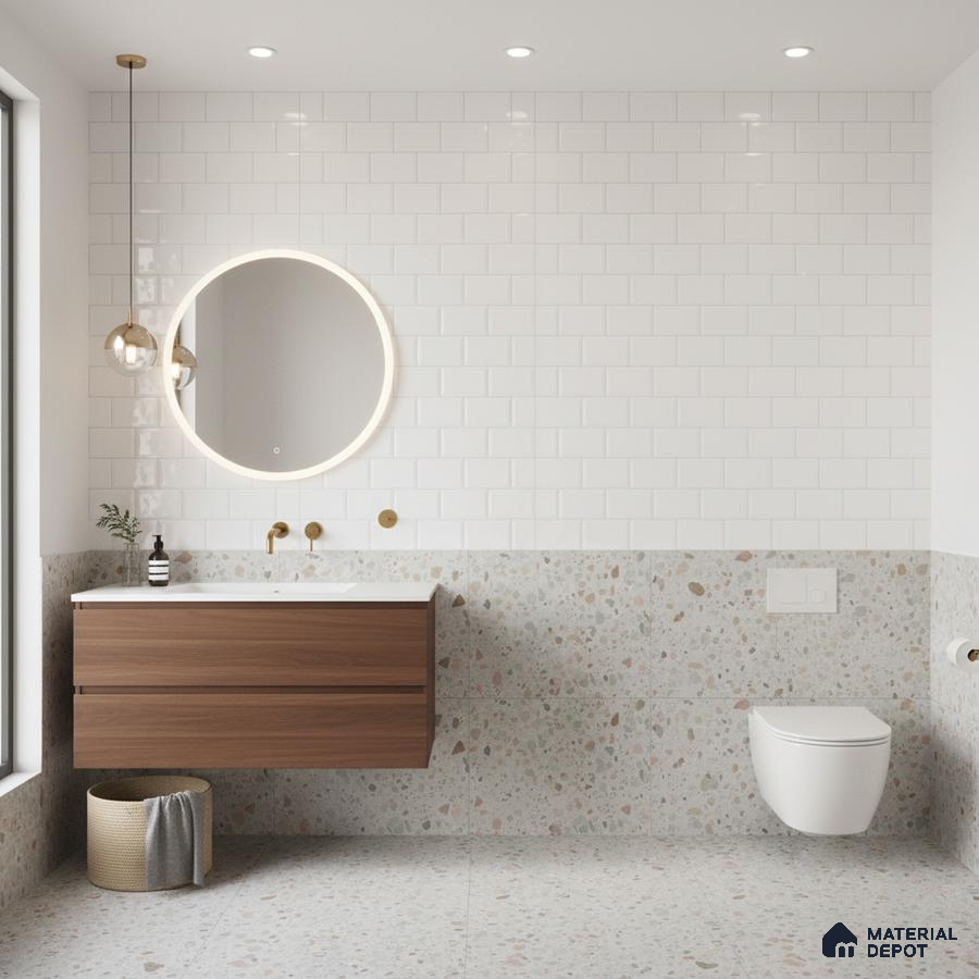 Modern bathroom with white subway wall tiles, terrazzo floor and wall tiles, and walnut wood vanity