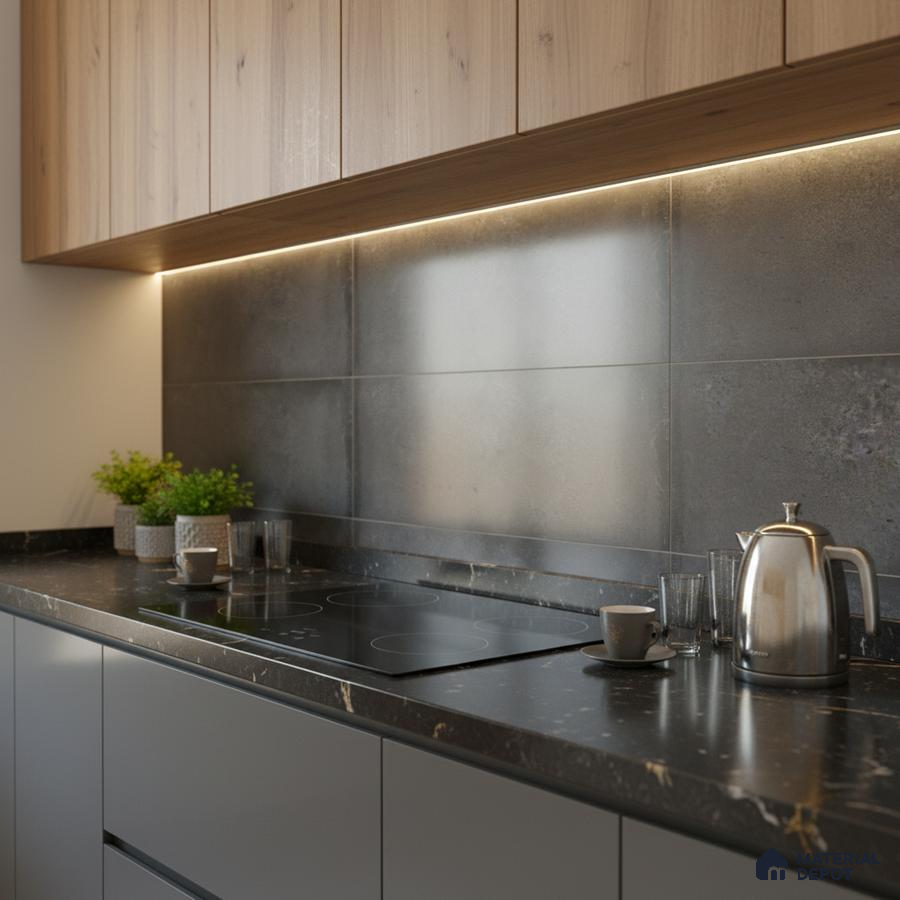Modern kitchen with light oak laminate cabinets, matte grey backsplash tiles, and black marble countertop