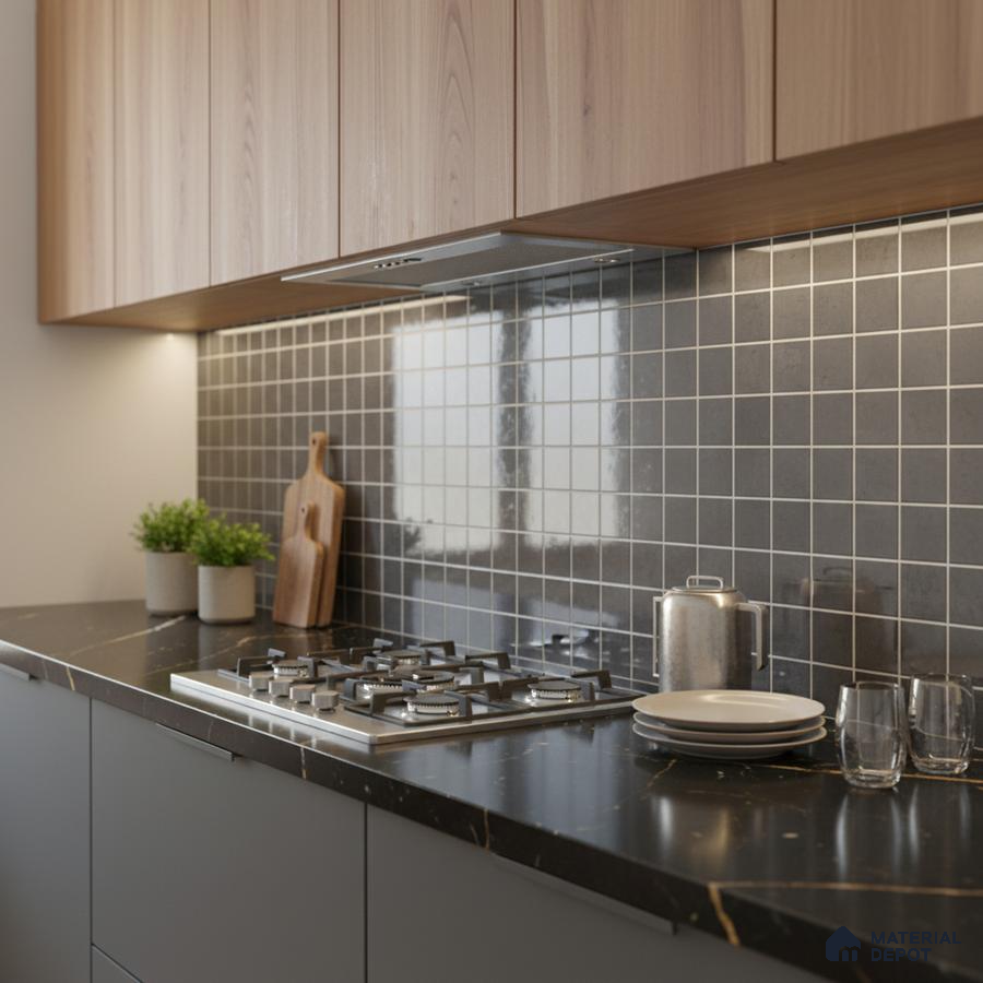 Modern kitchen with light oak laminate cabinets, black marble countertop, and grey grid backsplash tiles