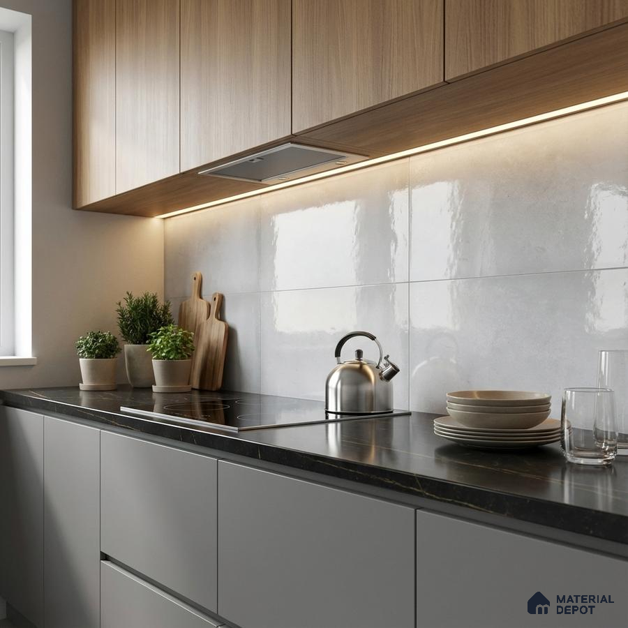 Modern kitchen with light oak laminate cabinets, matte grey laminate base units, and glossy white backsplash tile