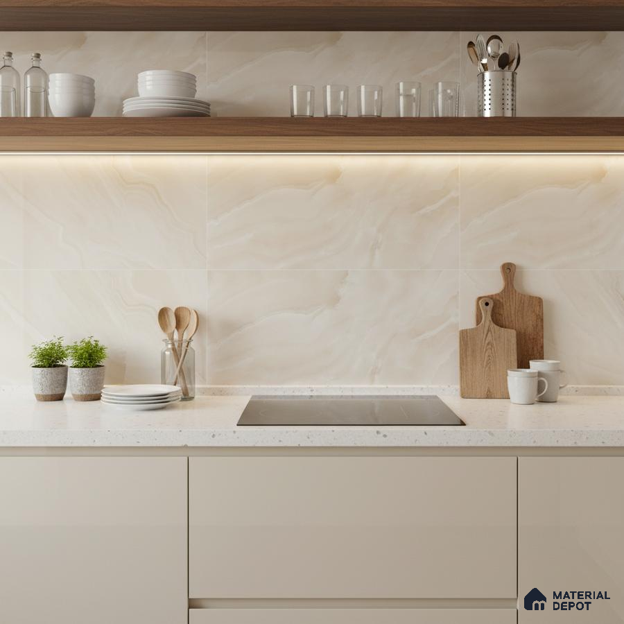 Modern kitchen with beige marble-look backsplash tile, white quartz countertop, and walnut open shelves