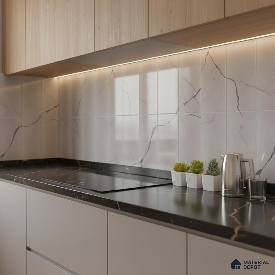 Modern kitchen with light oak laminate, marble-look backsplash tile, and black marble countertop