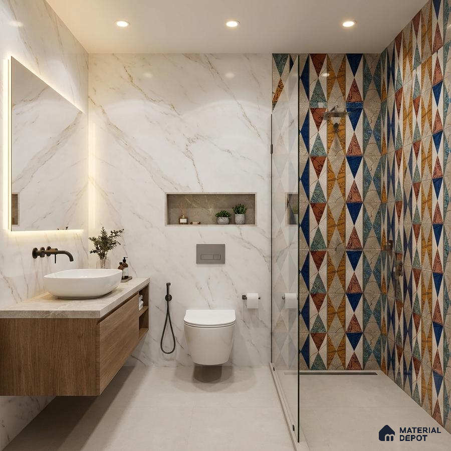 Modern bathroom with marble-look wall tiles, geometric patterned shower tiles, and wood vanity