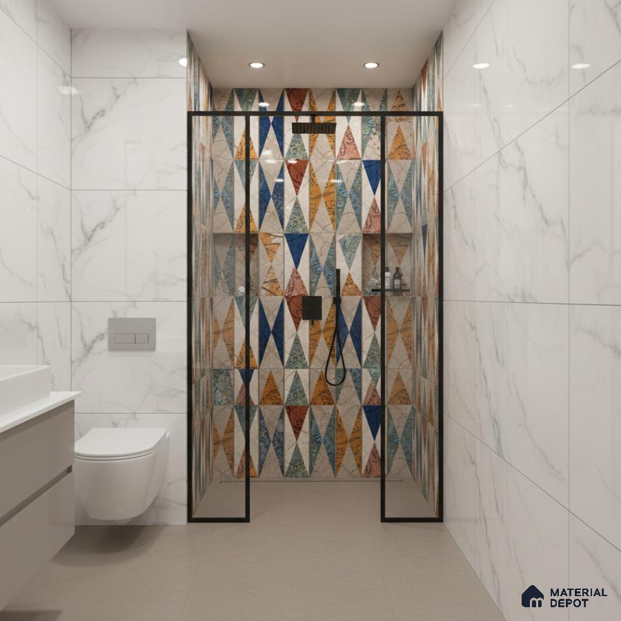 Modern bathroom with geometric multicolor highlighter wall tile and white marble-look wall tiles