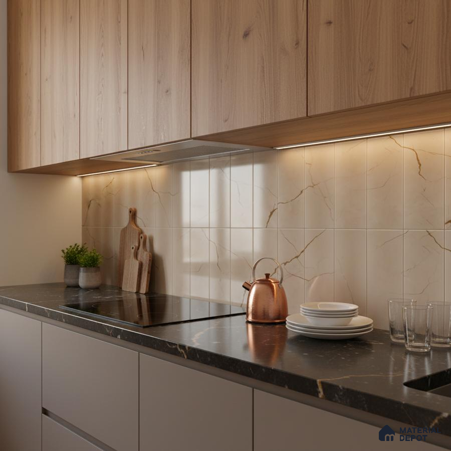 Modern kitchen with light oak laminate cabinets, marble-look backsplash tile, and black marble countertop