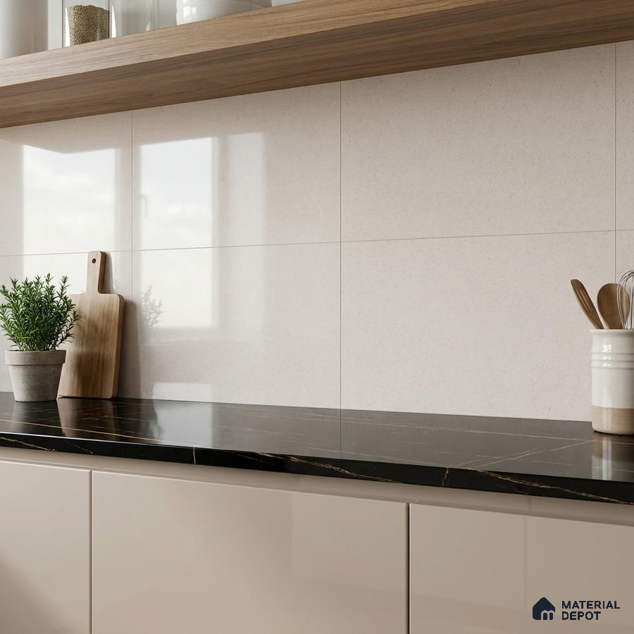 Modern kitchen with beige high gloss laminate, black marble countertop, and light beige wall tiles