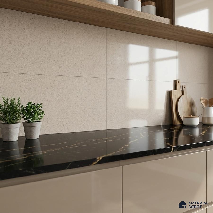 Modern kitchen with beige laminate cabinets, black marble countertop, and cream wall tiles