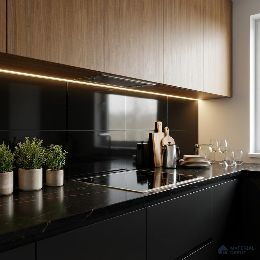 Modern kitchen with walnut wood laminate cabinets, matte black base cabinets, and glossy black tile backsplash