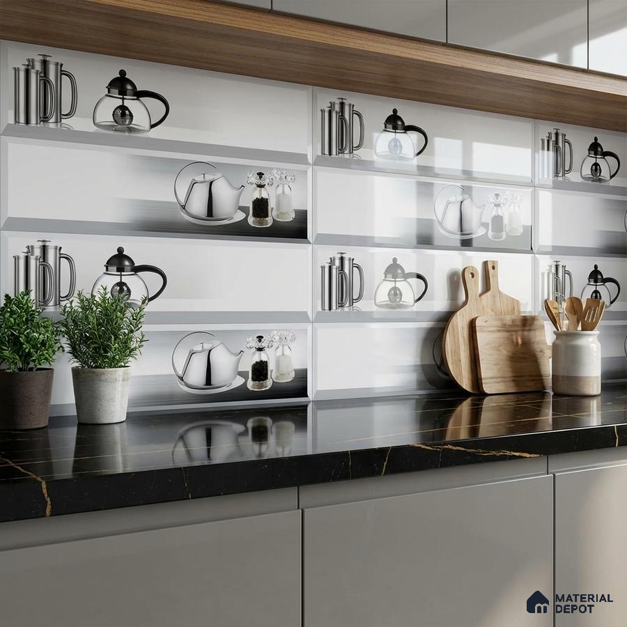 Modern kitchen with digital print backsplash tile, black marble countertop, and grey laminate cabinets