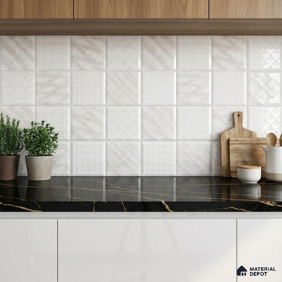 Modern kitchen with patterned white wall tiles, black marble countertop, and walnut wood laminate cabinets