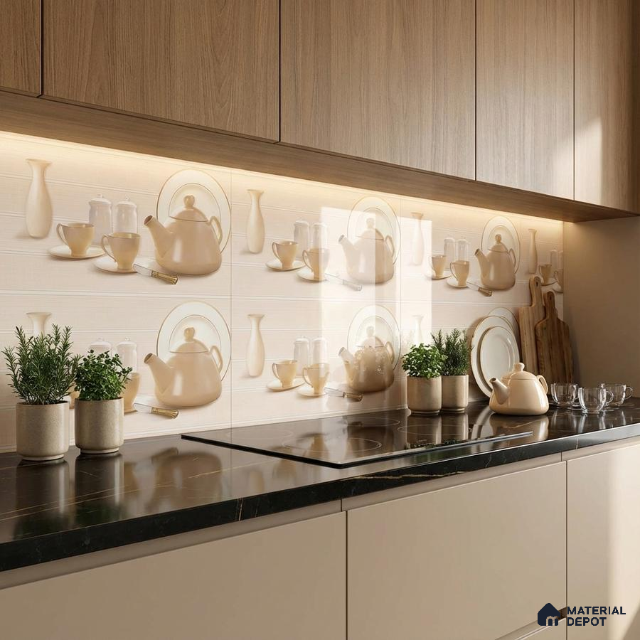Modern kitchen with beige solid laminate, wood grain laminate, and printed crockery backsplash tiles