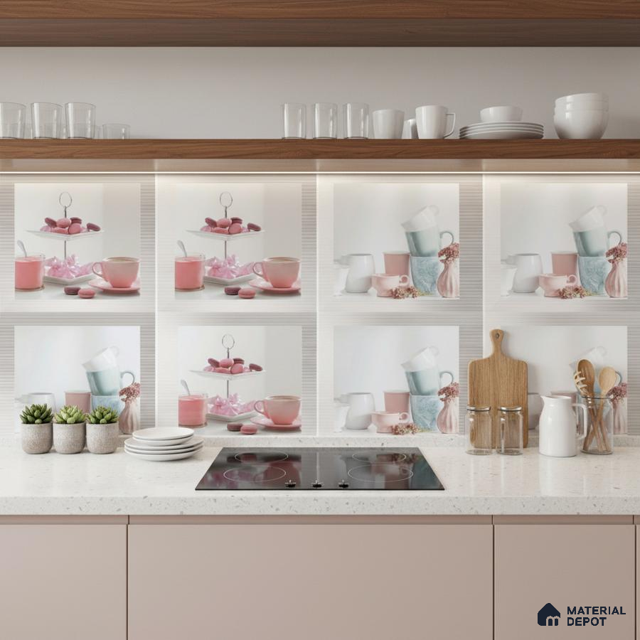 Modern kitchen with pastel pink laminate cabinets and printed ceramic backsplash tiles