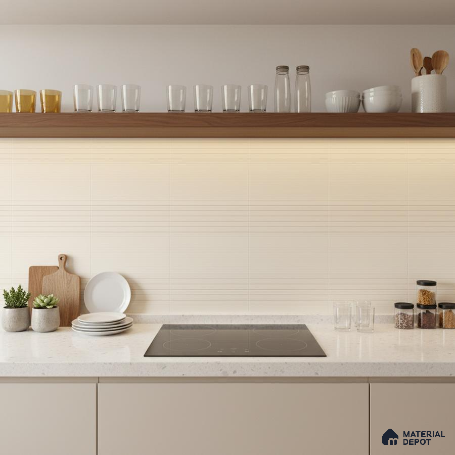 Minimalist kitchen with frosty white quartz countertop and beige linear textured backsplash tile