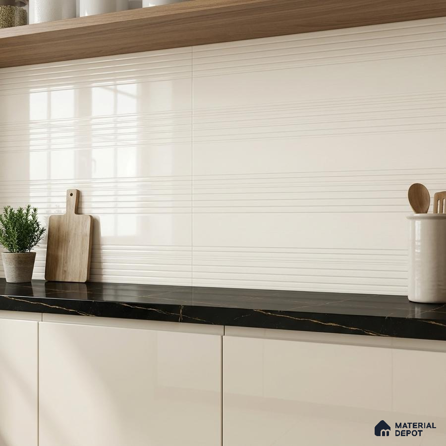 Modern kitchen with white textured wall tiles, black marble countertop, and glossy white laminate cabinets
