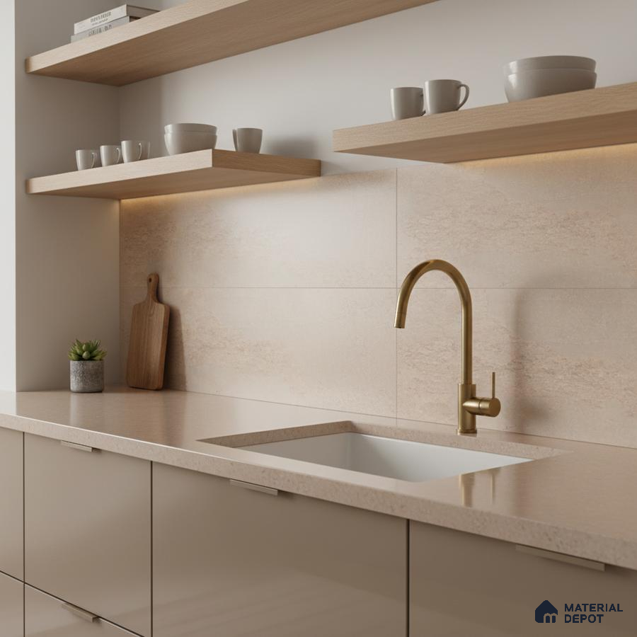 Minimalist kitchen with beige quartz countertop, matte taupe laminate cabinets, and light wood open shelves