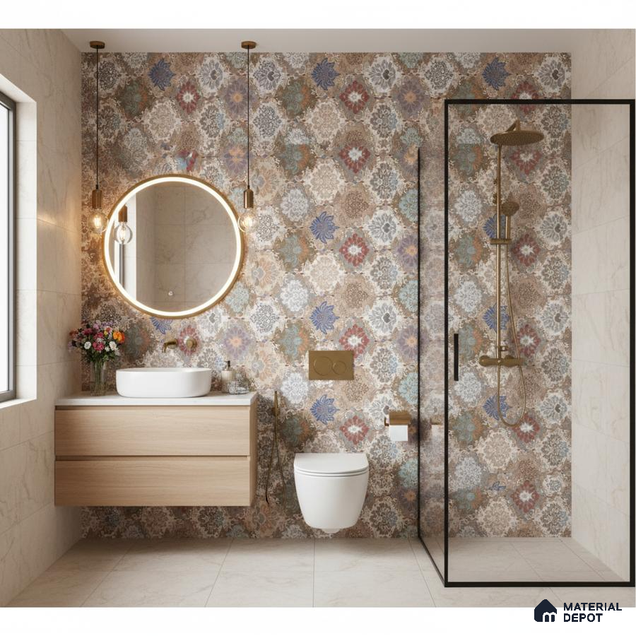 Modern bathroom with multicolor floral patterned wall tiles, beige floor tiles, and light wood floating vanity