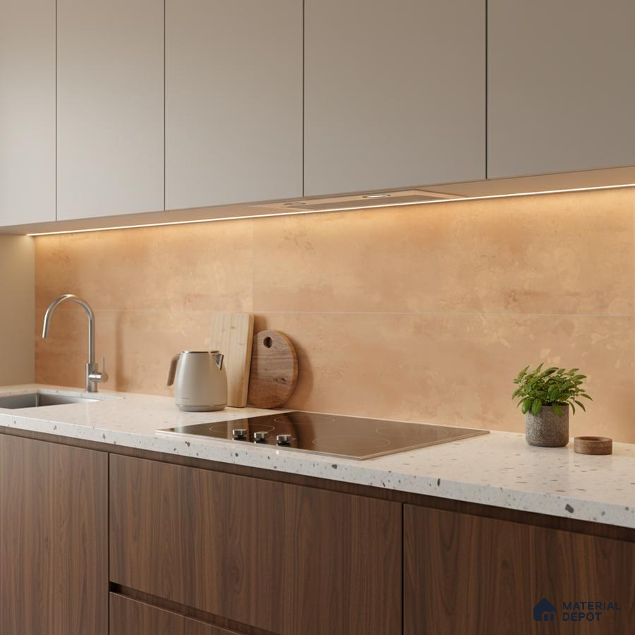 Modern kitchen with walnut wood laminate, beige backsplash tile, and terrazzo countertop