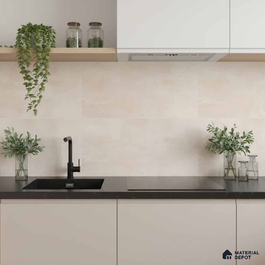 Minimalist kitchen with matte beige laminate cabinets, black quartz countertop, and cream stone-look backsplash tiles