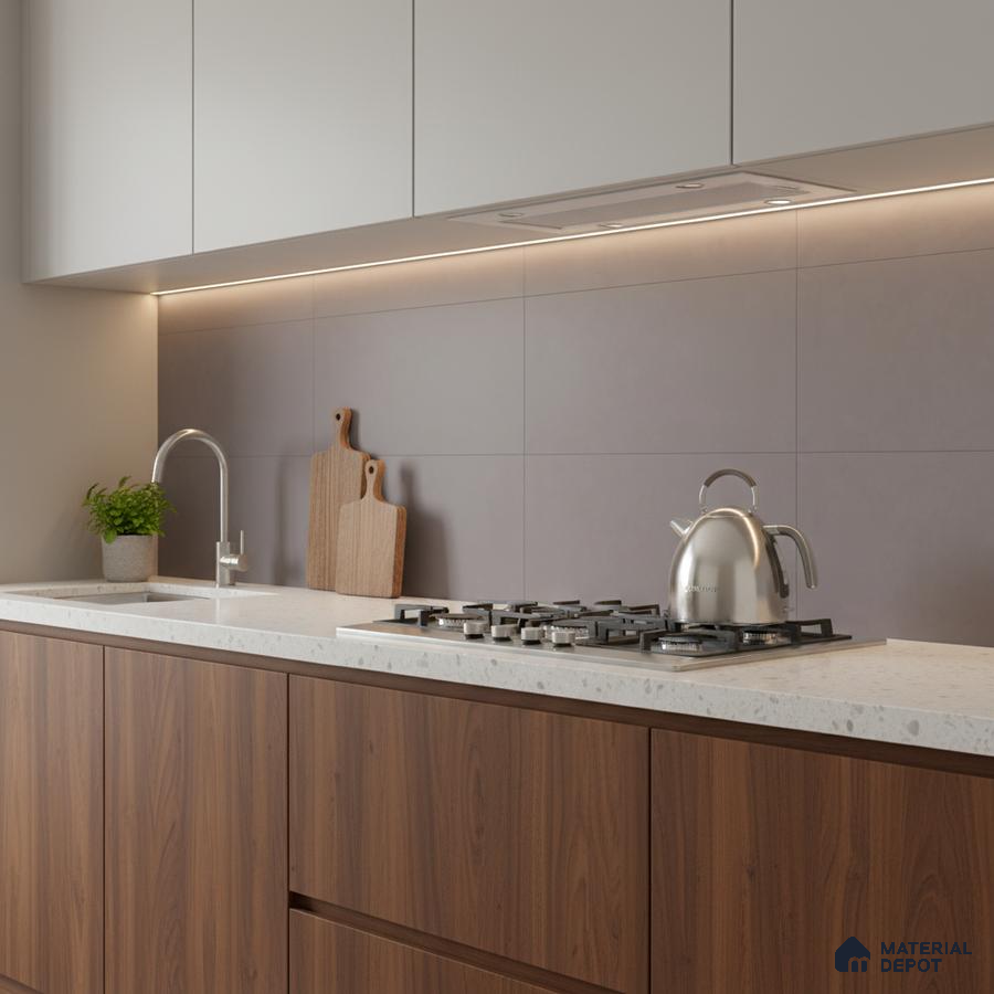 Modern kitchen with walnut wood laminate, frosty white quartz countertop, and matte taupe backsplash tile