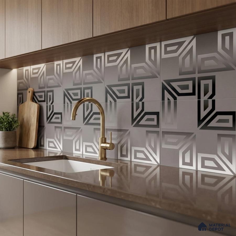 Modern kitchen with geometric black and grey backsplash tiles and brown quartz countertop
