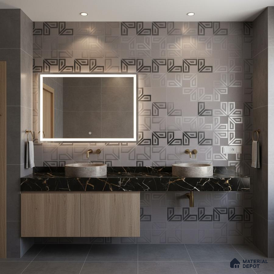 Modern bathroom with geometric patterned wall tiles, black quartz countertop, and light oak vanity