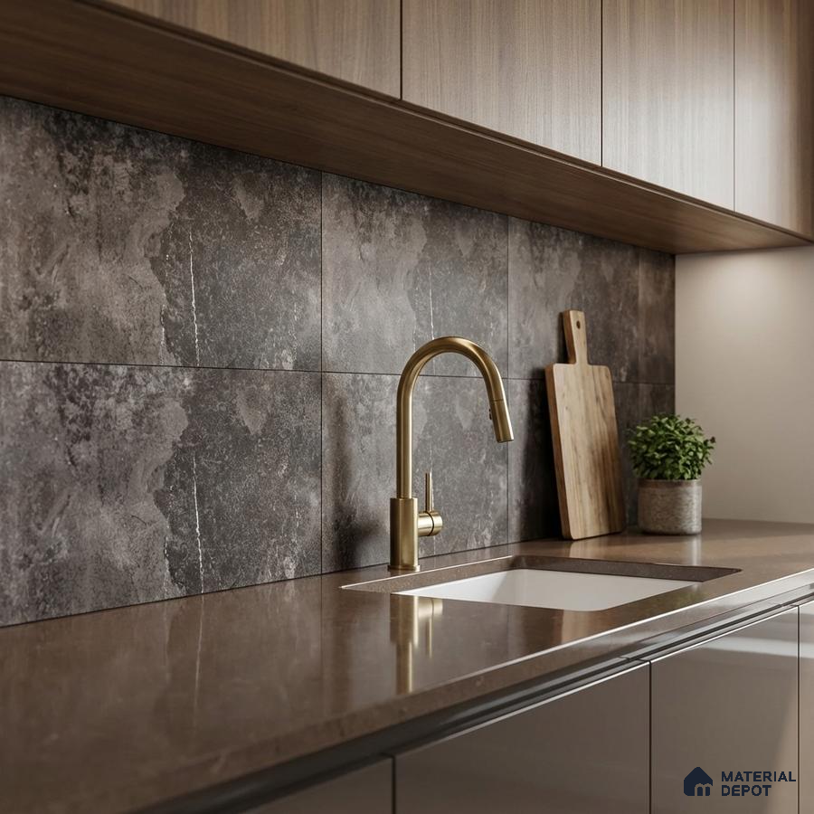 Modern kitchen with stone-look grey backsplash tile, brown quartz countertop, and wood grain laminate cabinets