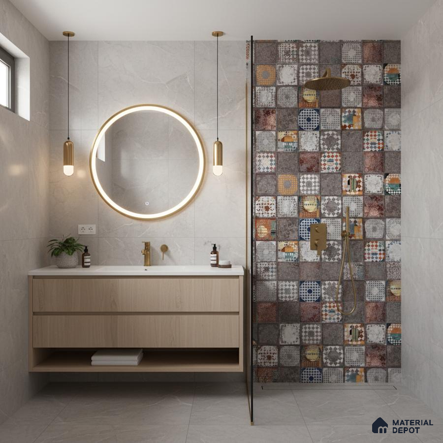 Modern bathroom with patterned patchwork wall tiles and light oak vanity