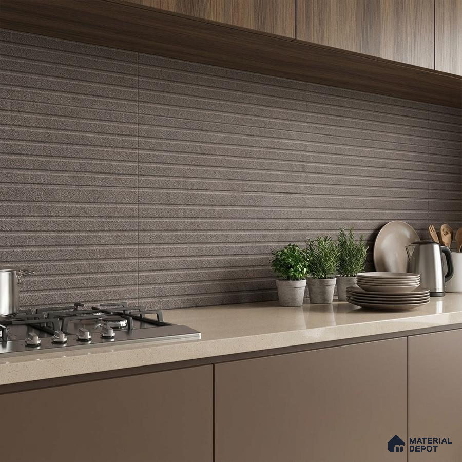 Modern kitchen with taupe matte laminate cabinets, beige quartz countertop, and textured brown horizontal backsplash tiles