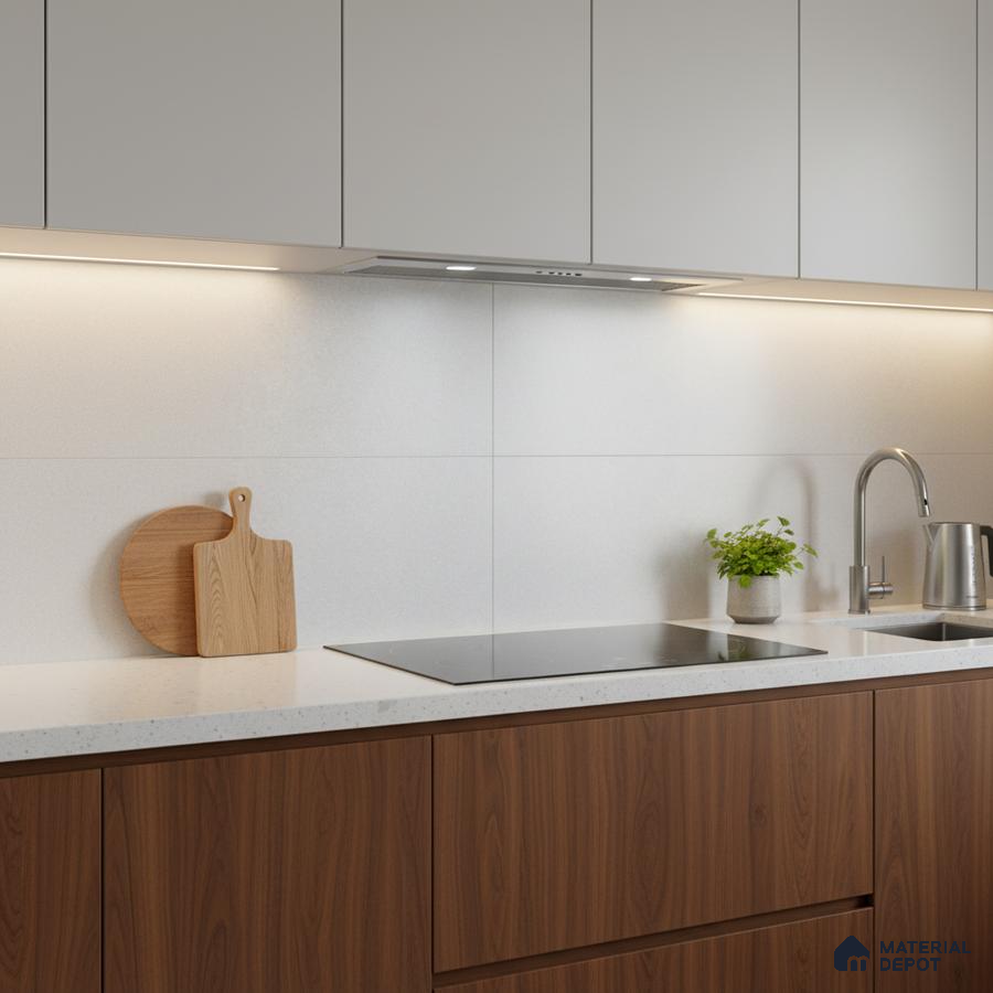 Minimalist kitchen with walnut wood laminate base cabinets and frosty white quartz countertop