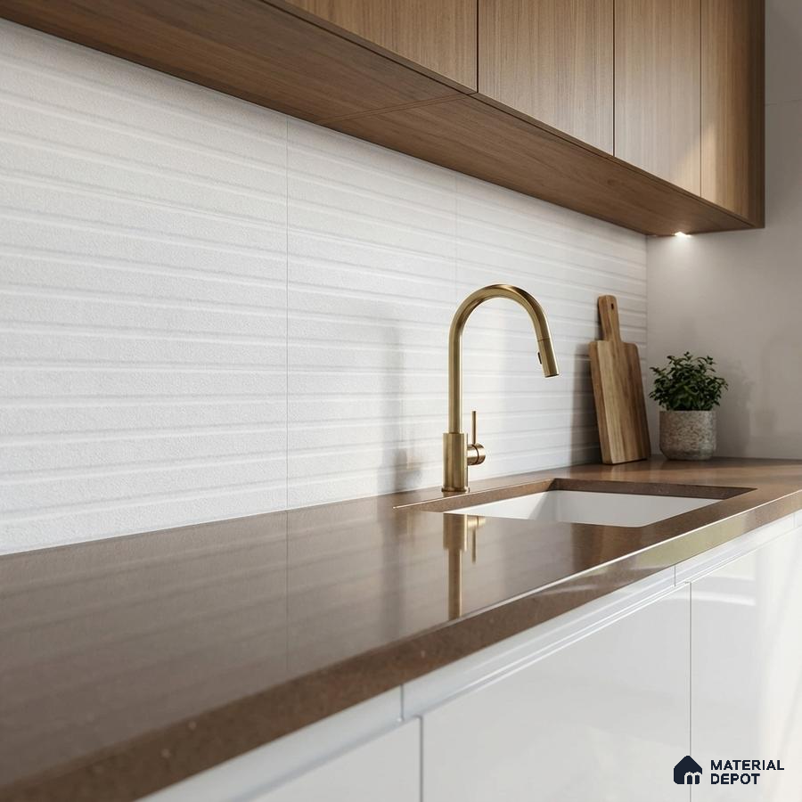 Modern kitchen with walnut wood laminate cabinets, brown quartz countertop, and white textured backsplash tile