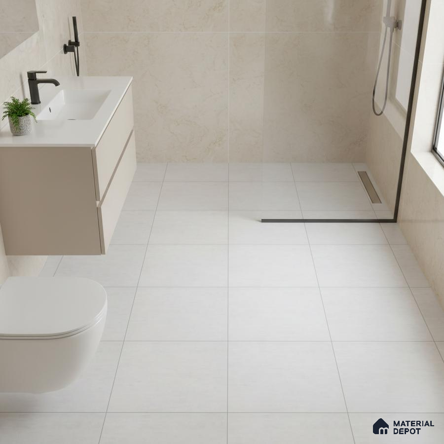 Minimalist bathroom with beige wall tiles, white floor tiles, and floating vanity