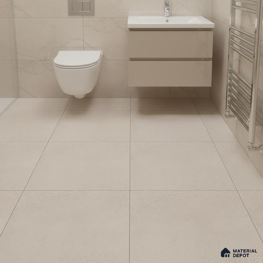 Minimalist bathroom with beige matte floor tiles and marble-look wall tiles