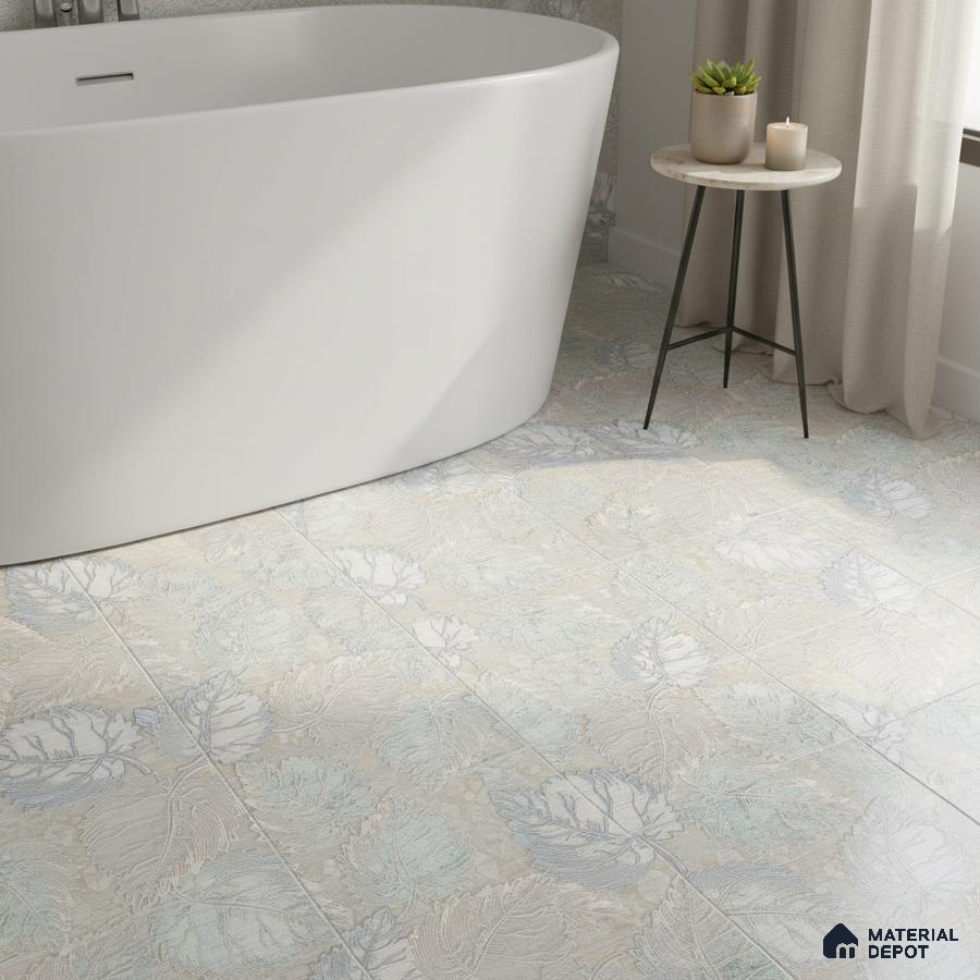Modern bathroom with pastel floral patterned floor tiles and freestanding tub