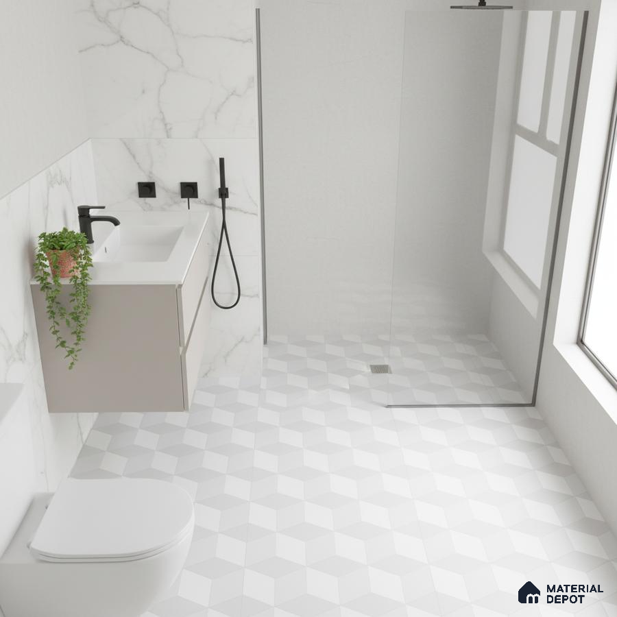 Minimalist bathroom with white marble wall tiles and geometric 3D patterned floor tiles