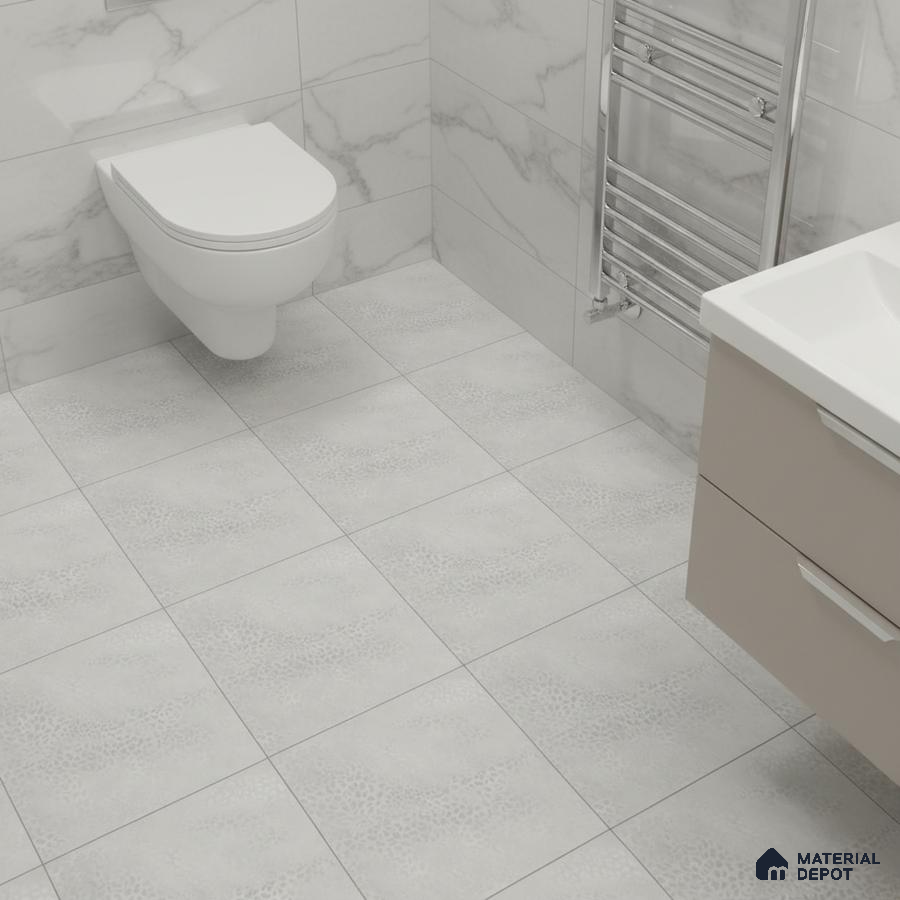 Modern bathroom with marble-look wall tiles and textured light grey floor tiles